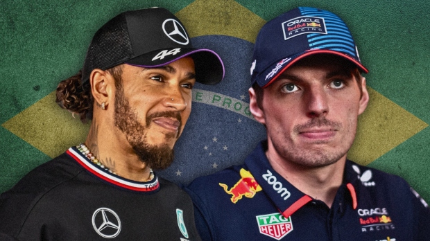 A composite image of Lewis Hamilton, Max Verstappen and the Brazilian flag