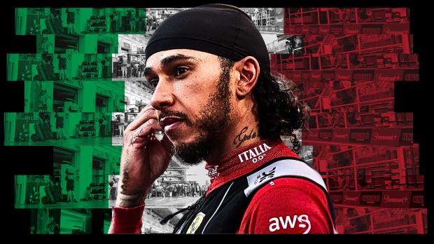 Lewis Hamilton in front of an Italian flag themed background shot of the Italian GP