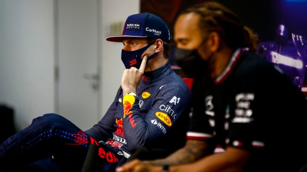 Max Verstappen and Lewis Hamilton during press conference