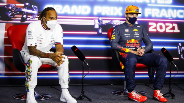 Max Verstappen and Lewis Hamilton during press conference