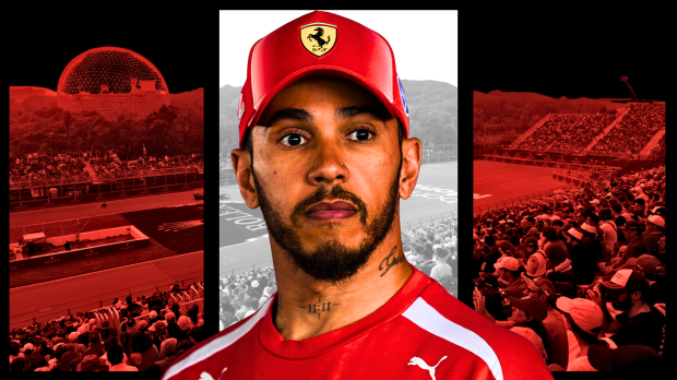 Hamilton in Ferrari F1 hat looking annoyed with Canadian flag-themed F1 background — Photo: © IMAGO