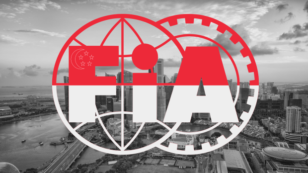 Graphic of the FIA flag in the Singapore colours with black and white street background