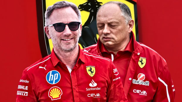 A composite image of Fred Vasseur, Christian Horner and a Ferrari logo — Photo: © IMAGO