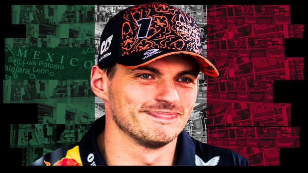 Verstappen smiling with an F1-themed background with a green, white and red overlay in the form of the Mexican flag