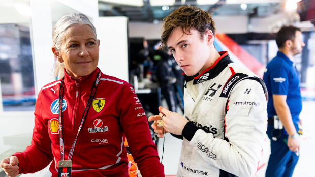 Angela Cullen in Ferrari gear is superimposed into a photo next to Marcus Armstrong as the pair look across at each other