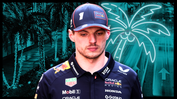 Max Verstappen looking sad edited against a neon blue backdrop of Miami — Photo: © IMAGO