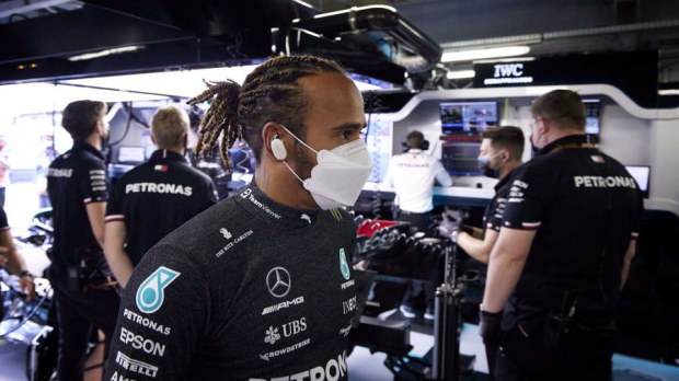 Lewis Hamilton in the garage
