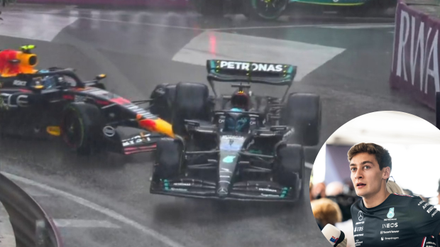 George Russell looks on (inset) as he collides with Sergio Perez at the Monaco Grand Prix