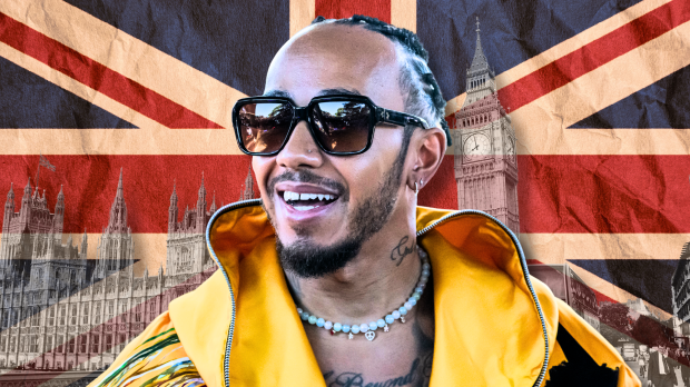 Hamilton smiling in yellow hoodie with union jack and London-themed background — Photo: © IMAGO
