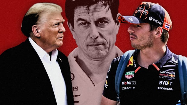 A composite image of Toto Wolff, Max Verstappen and Donald Trump