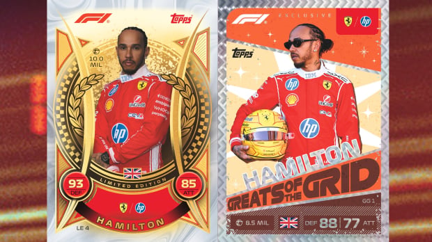 Lewis Hamilton Golden Glory (L) and Greats of the Grid (R) trading cards can also be found in 2026 packs. Image Credit: Topps F1