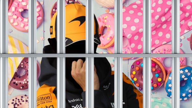An edit of Lando Norris' silhouette with his features removed behind prison bars amid a background of vibrantly iced donuts — Photo: © IMAGO