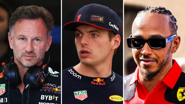 Headshots of (Left to right): Christian Horner, Max Verstappen, Lewis Hamilton