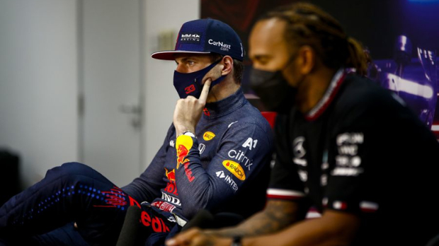 Max Verstappen and Lewis Hamilton during press conference