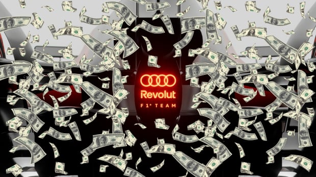 An Audi F1 logo is shown surrounded by dollar bills