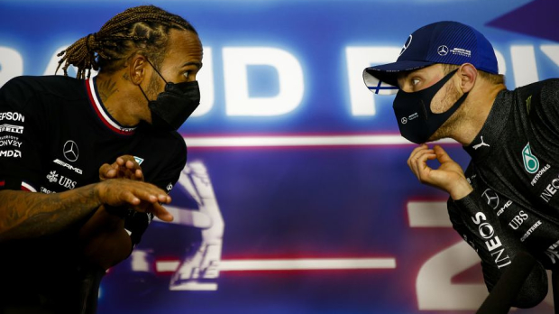 Lewis Hamilton and Valtteri Bottas in discussion in Imola
