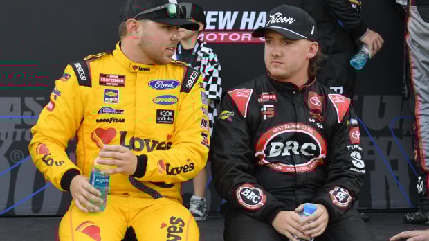 An image of NASCAR drivers Layne Riggs and Brenden Queen in discussion