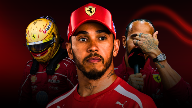 Three headshots of Hamilton, far-left image with helmet on, central image looking serious, right-hand image head in hands with red and black ombre background — Photo: © IMAGO