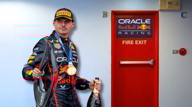 Max Verstappen heads for a fire exit with a Red Bull logo in a fictional picture