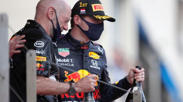 Max Verstappen and Adrian Newey celebrating his win in Monaco