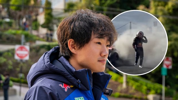 Credit: Red Bull Content Pool. Tsunoda in Red Bull coat with circular inset of him getting out of smokey car after fir