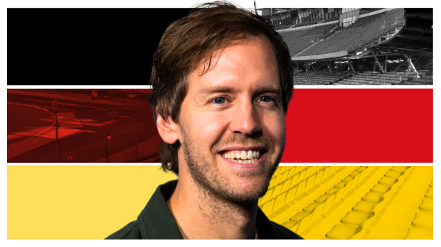 Sebastian Vettel in front of a German-thag flemed F1 background