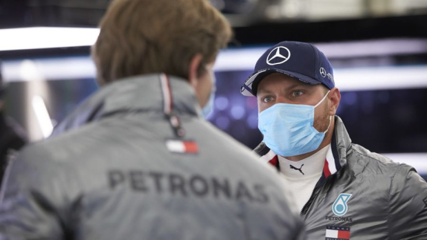 Valtteri Bottas in the Mercedes garage