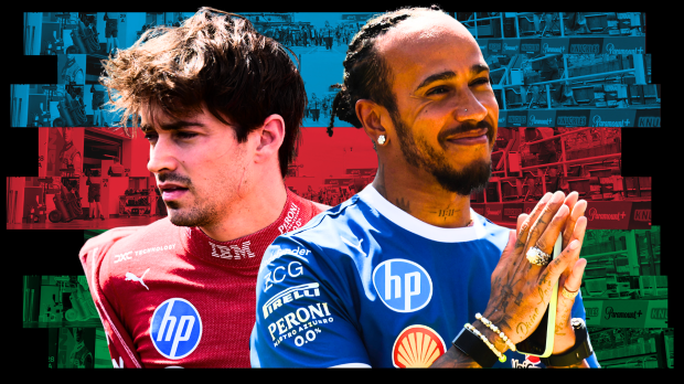 Lewis Hamilton and Charles Leclerc appear with an Azerbaijan flag background