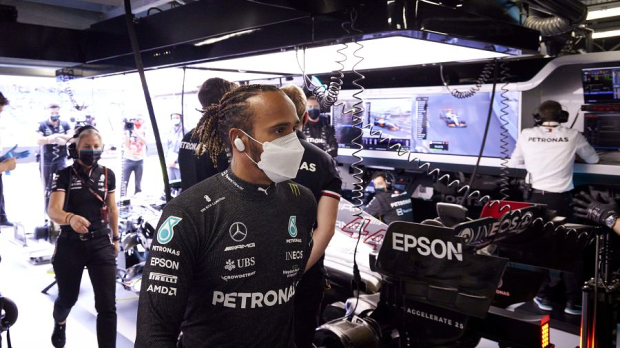 Lewis Hamilton in the Mercedes garage in Monaco