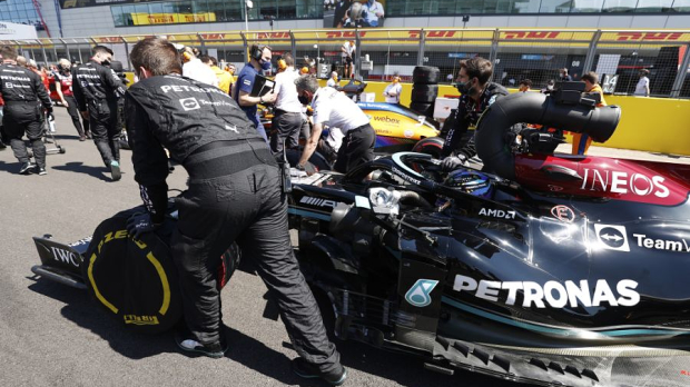 Hamilton in the pits in Silverstone