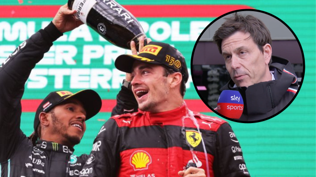 Leclerc and Hamilton podium with Toto Wolff
