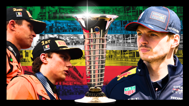 Lando Norris, Oscar Piastri and Max Verstappen look at the F1 trophy in a composite