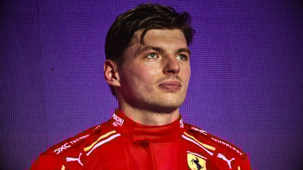 Thumbnail with Verstappen wearing a Ferrari suit