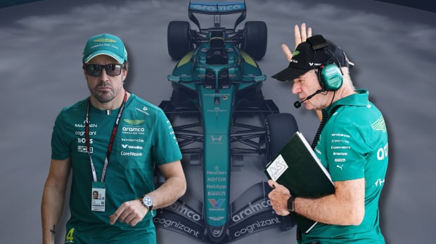 Fernando Alonso and Adrian Newey are pictured to a background of the 2026 Aston Martin F1 car
