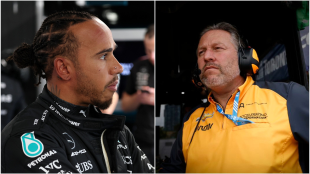 Lewis Hamilton and Zak Brown look at one another
