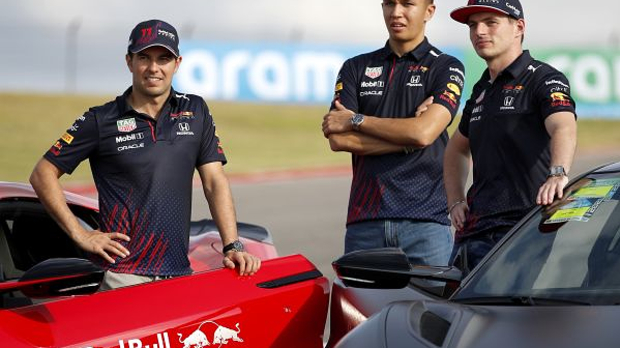 Red Bull drivers Max Verstappen, Sergio Perez and Alex Albon