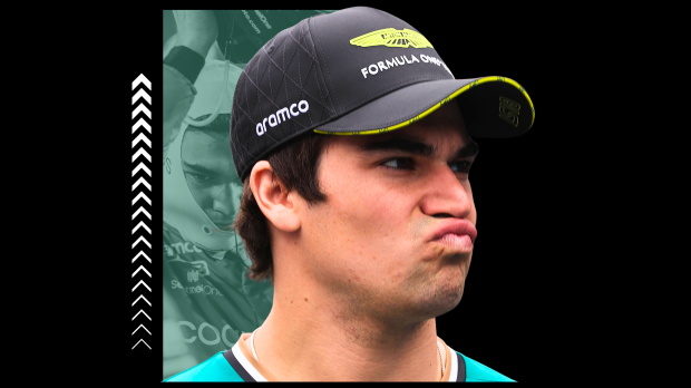 Stroll pursing his lips with Aston Martin-themed black and green background — Photo: © IMAGO