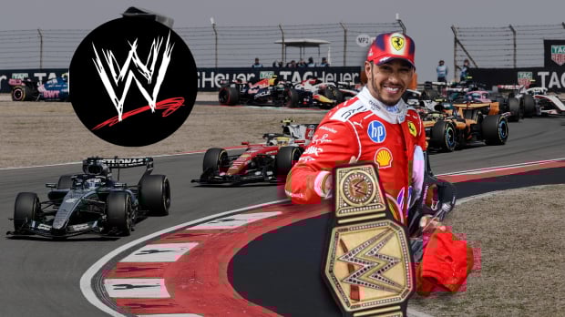 Lewis Hamilton holds a WWE world title to the backdrop of an F1 race — Photo: © IMAGO