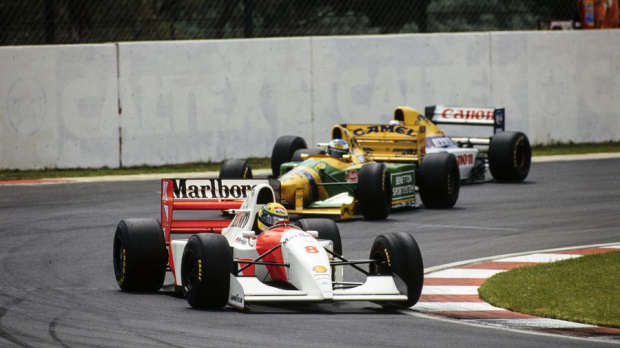 Ayrton Senna, Michael Schumacher en Alain Prost tijdens de Grand Prix van Zuid Afrika in 1993