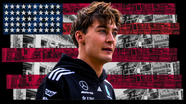 George Russell's determined profile edited over a United States flag