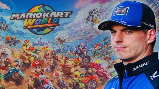 Verstappen looking unimpressed in Red Bull cap and jacket looking on at a Mario Kart World background — Photo: © IMAGO