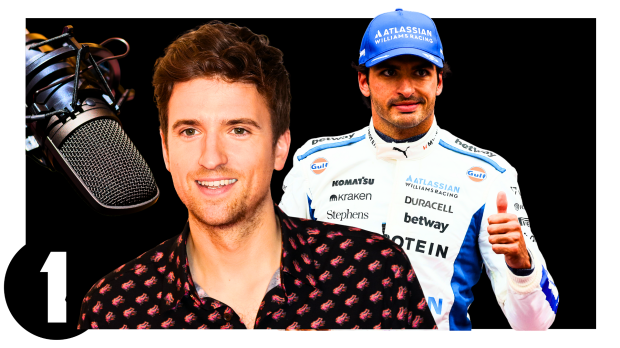 Carlos Sainz and Greg James in front of a BBC Radio 1 logo