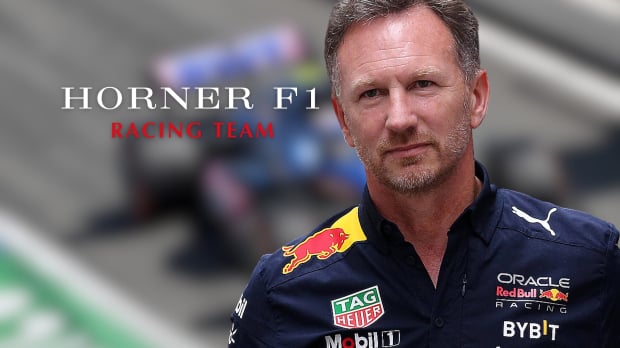 Christian Horner stands with a mocked up logo of an eponymous racing team