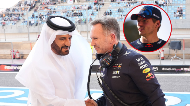 Mohammed Ben Sulayem, Christian Horner and Max Verstappen (inset)