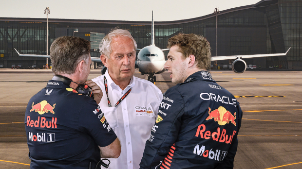 Max Verstappen talking with Christian Horner and Helmut Marko