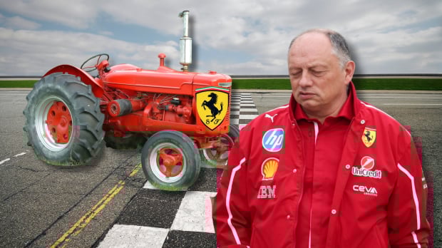 Fred Vasseur looks on at a mocked up Ferrari tractor