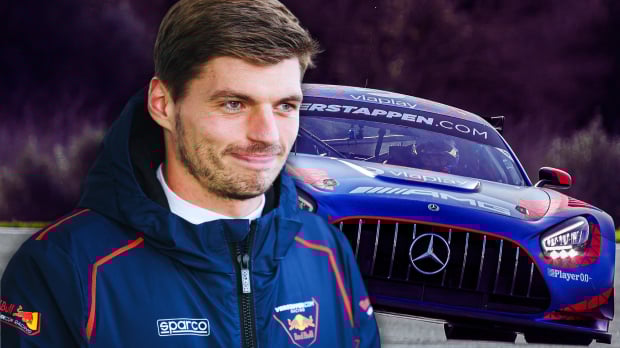 Verstappen in gt racing kit smiling in front of a Verstappen.com branded Mercedes-AMG GT3