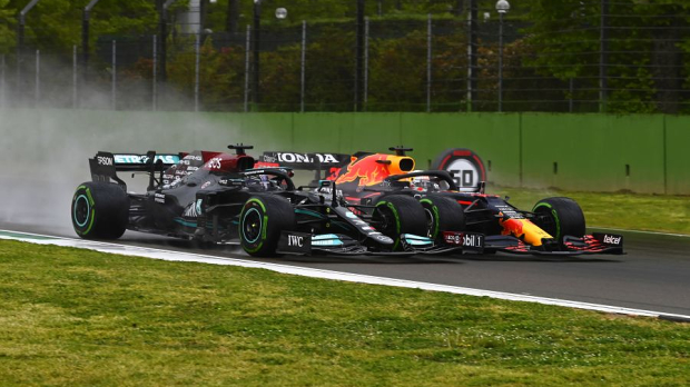 Lewis Hamilton and Max Verstappen go wheel to wheel at Imola