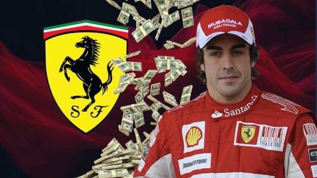 Fernando Alonso in a Ferrari race suit looks at a Ferrari logo split by falling cash — Photo: © IMAGO