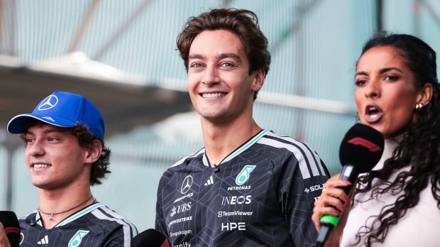 George Russell starts on pole in Baku.